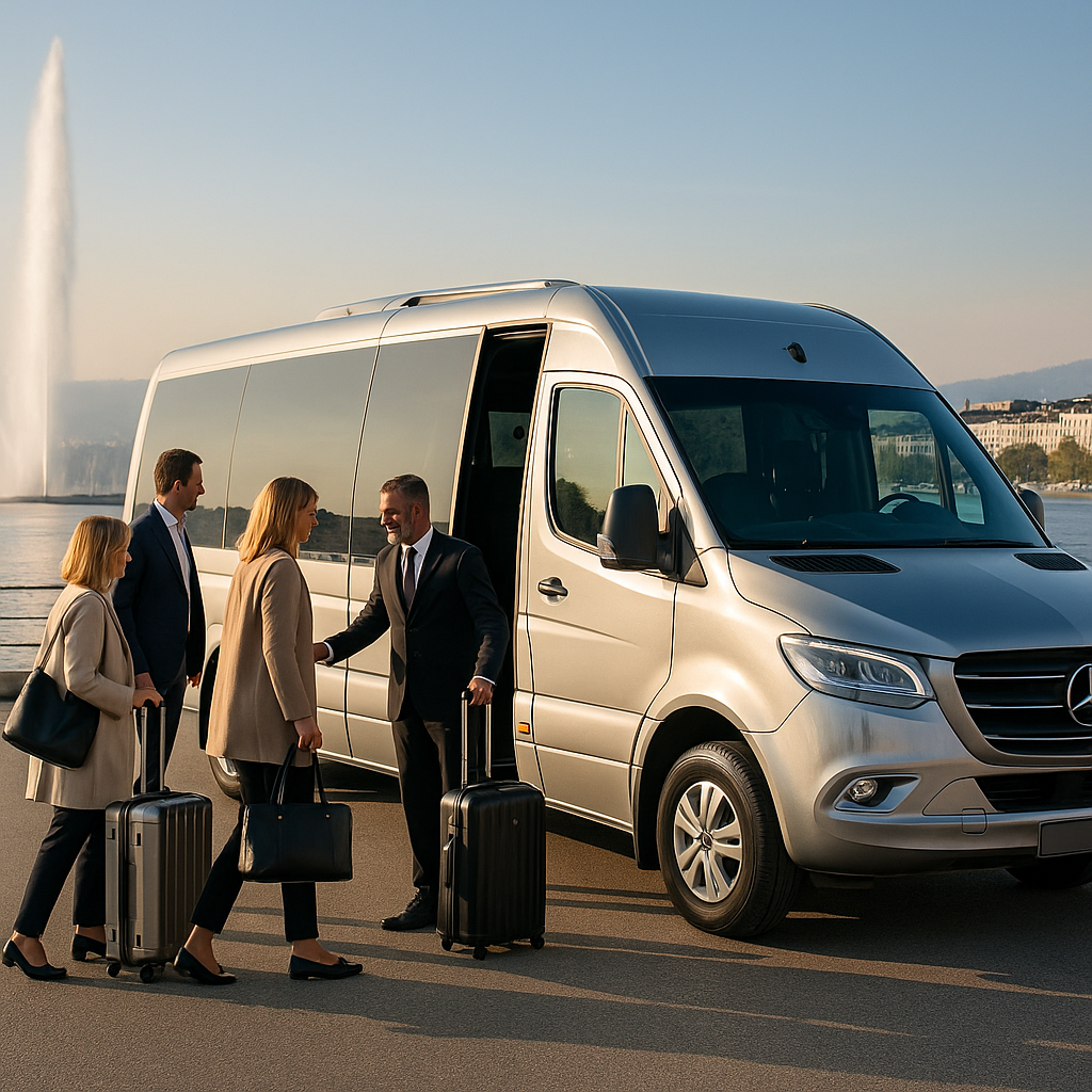 Chauffeur-driven minibus in Geneva city center with passengers boarding